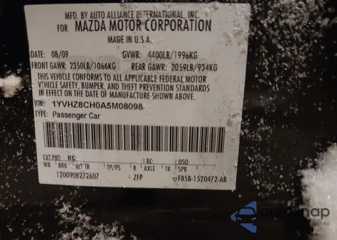 2010 Mazda Mazda6 I Touring Plus z USA, uszkodzony, nr VIN 1YVHZ8CH0A5M08098